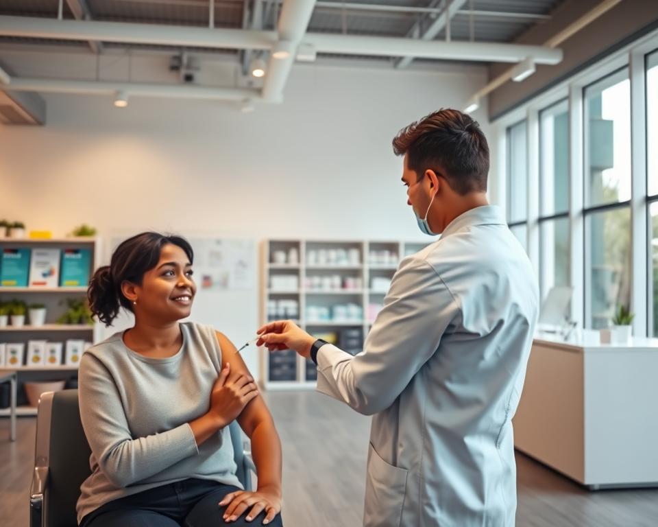 A vibrant and informative scene in a modern German vaccination clinic. In the foreground, a healthcare professional in a lab coat is administering a vaccine to a diverse adult patient, both displaying calm and focused expressions. The middle ground includes a clean, organized waiting area with informational posters about vaccines on the walls and comfortable seating for patients. In the background, shelves filled with medical supplies and a bright, welcoming reception desk create a reassuring atmosphere. Soft, natural lighting pours in through large windows, casting a warm glow over the space. The image embodies professionalism and accessibility, emphasizing the importance of vaccinations in Germany.