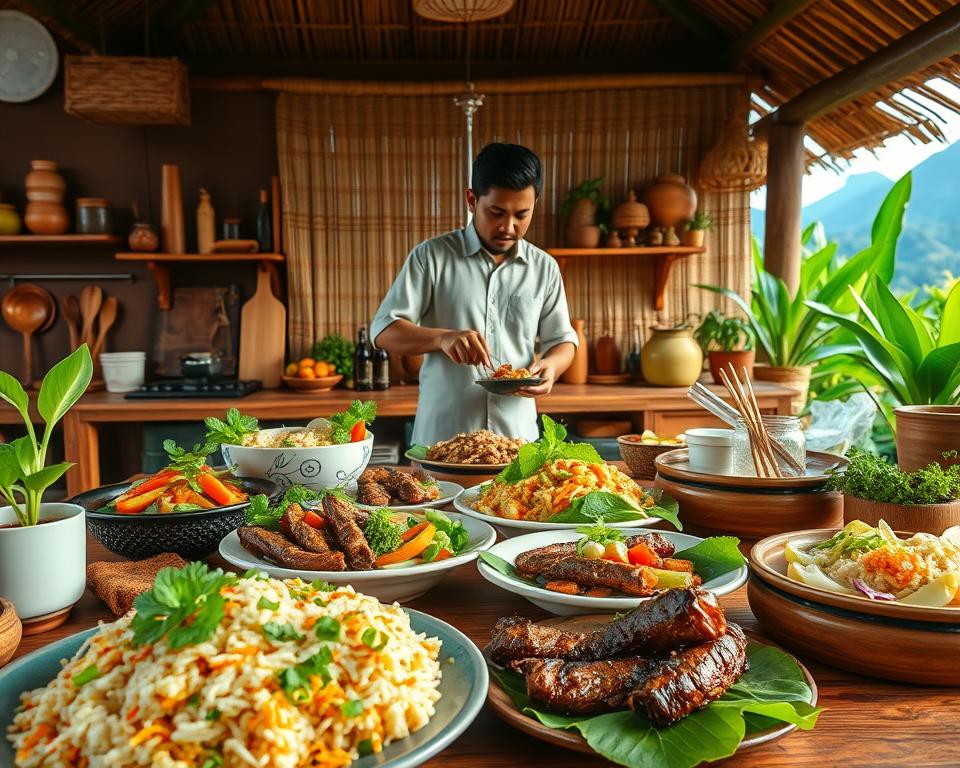 A vibrant and inviting scene showcasing Javanese cuisine. In the foreground, a beautifully arranged table featuring traditional dishes like Nasi Goreng, Sate Ayam, and Gado-Gado, garnished with fresh herbs and colorful vegetables. In the middle, a backdrop of a rustic Indonesian kitchen with wooden utensils, spices, and decorative elements reflecting Javanese culture. The lighting is warm and natural, hinting at late afternoon sunshine filtering through bamboo curtains, creating a cozy ambiance. A well-dressed individual in modest casual clothing is preparing a dish, embodying culinary expertise. In the background, lush greenery and hints of volcanic mountains enhance the tropical atmosphere.