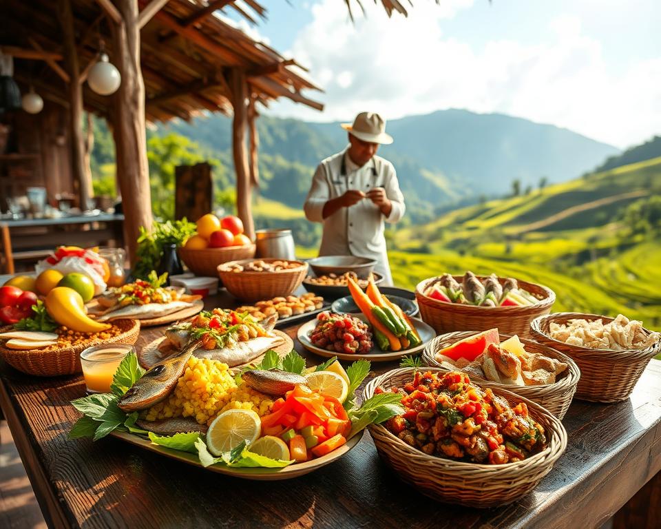 A vibrant and inviting scene showcasing the culinary delights of Flores Island, Indonesia. In the foreground, a rustic wooden table laden with colorful traditional dishes, including freshly caught fish, tropical fruits, and local delicacies served on woven baskets. Decorate the dishes with vibrant herbs and spices. In the middle ground, a chef in modest casual clothing skillfully prepares food, showcasing local culinary techniques. In the background, lush green hills and rice terraces under a bright blue sky reflect the island's natural beauty. Soft, warm lighting casts a golden glow over the scene, creating an inviting and harmonious atmosphere. The angle is slightly elevated, giving a clear view of the dishes and the chef’s movements, emphasizing the rich culinary traditions of Flores.