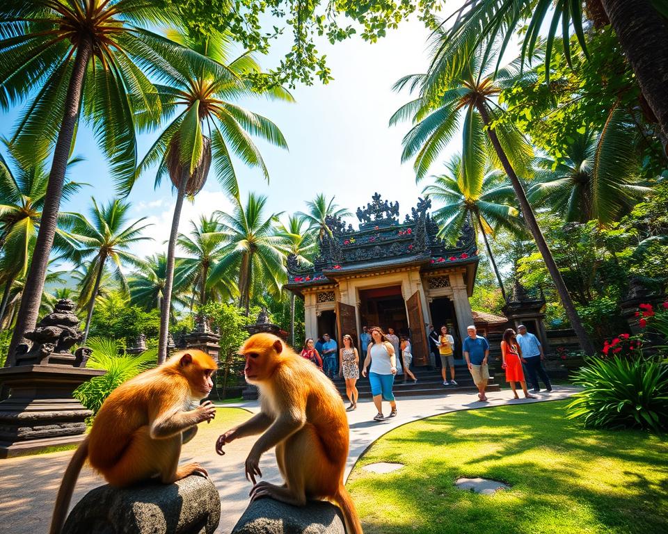 A vibrant and lush landscape showcasing the Sangeh Monkey Forest, surrounded by nearby attractions. In the foreground, a pair of monkeys playfully interact on ancient stone statues, infusing life into the scene. The middle ground features people in modest casual clothing exploring a beautiful temple adorned with intricate carvings and vibrant flowers. In the background, towering palm trees and tropical foliage extend under a clear blue sky, establishing a sense of serenity. Soft, warm sunlight filters through the leaves, creating dappled shadows on the ground. An inviting, peaceful atmosphere pervades the image, highlighting the charm of this Balinese destination. The viewpoint is slightly angled upward, capturing both the forest and temple harmoniously.