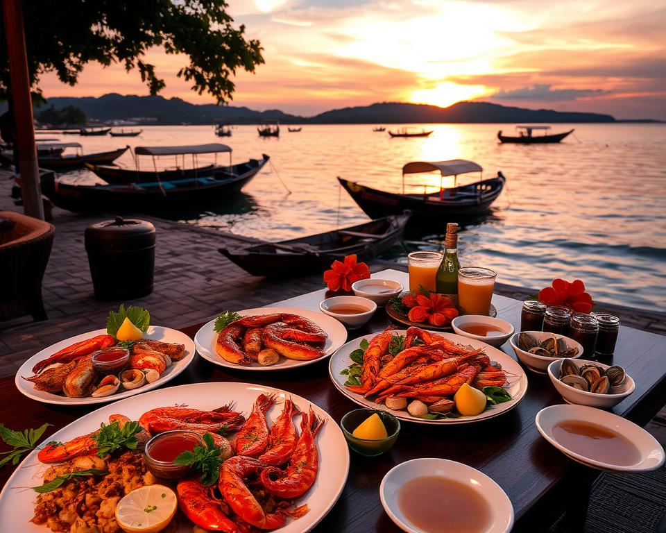 A vibrant beachside seafood dining experience at Jimbaran Bay, Indonesia. In the foreground, a beautifully arranged table with an array of fresh seafood dishes, including grilled fish, prawns, and clams, garnished with vibrant herbs and colorful vegetables. A few elegantly set plates with tropical fruits and dipping sauces enhance the scene. In the middle ground, a gentle breeze creates soft ripples on the calm water, reflecting the stunning sunset hues of orange, pink, and purple. In the background, traditional Balinese fishing boats float gracefully as the sun sets behind a distant silhouette of lush hills. The atmosphere is warm and inviting, embodying a peaceful yet lively dining experience, with soft golden lighting to create a romantic ambiance. The angle captures the serene beauty of the bay, emphasizing the coastal charm of Jimbaran.