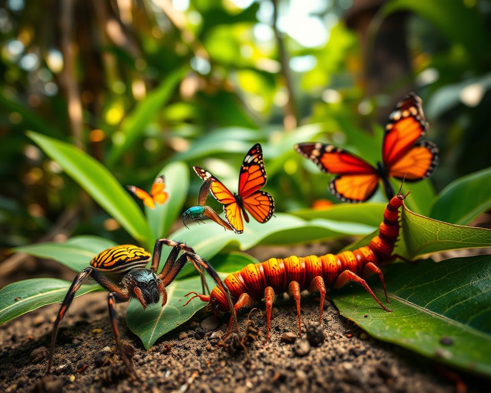 A vibrant, detailed portrayal of dangerous insects and arachnids native to Bali. In the foreground, showcase a strikingly colorful Bali tiger spider with intricate patterns on its abdomen, and a venomous centipede with bright coloring, both resting on lush green foliage. In the middle ground, add a few exotic butterflies fluttering around to create contrast, along with a hidden scorpion partially buried in the sandy soil. In the background, a blurred view of tropical plants and trees creates a sense of depth and atmosphere. The lighting should be warm and natural, mimicking sunlight filtering through the dense canopy above. Capture this scene with a macro lens perspective, emphasizing the exquisite details and textures of each creature, evoking a sense of wonder and caution about Bali's unique biodiversity.