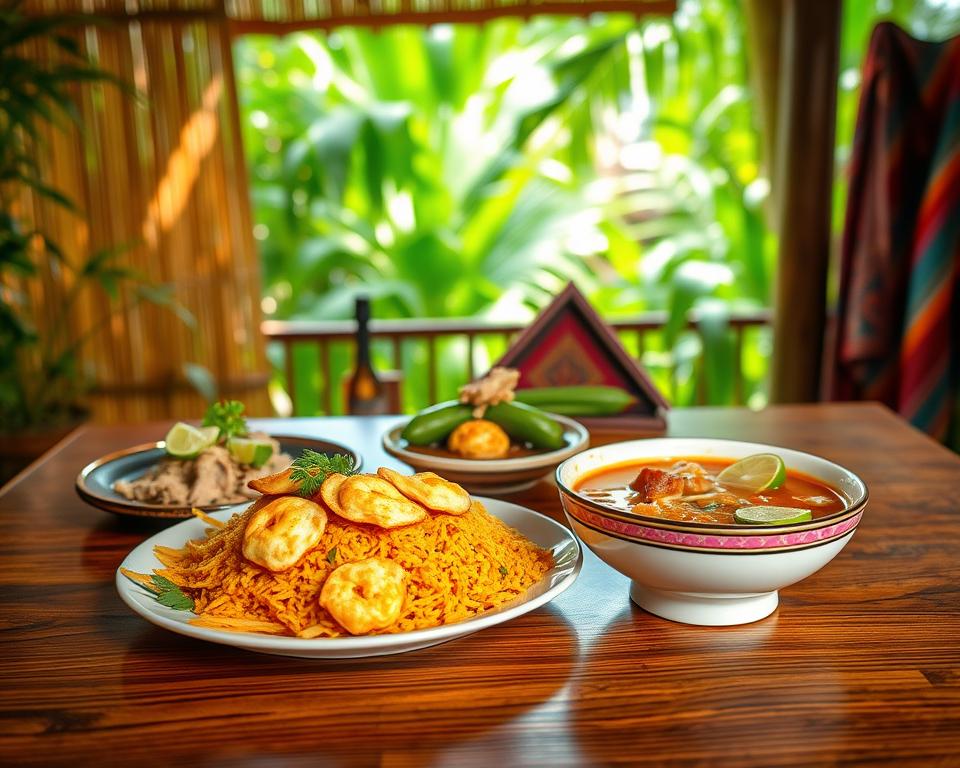 A vibrant display of traditional Javanese dishes arranged artfully on a beautifully crafted wooden table. In the foreground, focus on a colorful plate of Nasi Goreng with fried eggs and prawn crackers, next to a bowl of Soto Ayam garnished with lime and fresh herbs. Middle ground features a serene setting with a bamboo backdrop and lush greenery, evoking a tropical atmosphere. Soft, dappled sunlight filters through the leaves, casting gentle shadows on the food. In the background, traditional Indonesian textiles add a pop of color. The scene captures a warm, inviting mood that highlights the rich culinary heritage of Java, making it appear both authentic and appetizing.