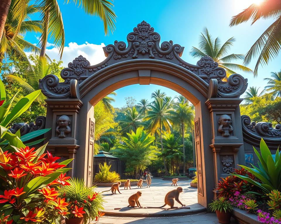 A vibrant entrance to the Sangeh Monkey Forest, featuring an inviting stone archway adorned with intricate Balinese carvings. In the foreground, colorful tropical plants and flowers frame the entrance, creating a lush and welcoming setting. The middle ground showcases playful monkeys engaging in natural behaviors, surrounded by the dense green foliage of the forest. The background reveals tall palm trees and glimpses of the forest canopy under a bright, clear blue sky, golden sunlight filtering through the leaves. The atmosphere is serene yet lively, capturing the essence of a delightful nature escape. The composition should have a warm and inviting feel, with soft lighting that enhances the colors of the foliage and the playful monkeys.