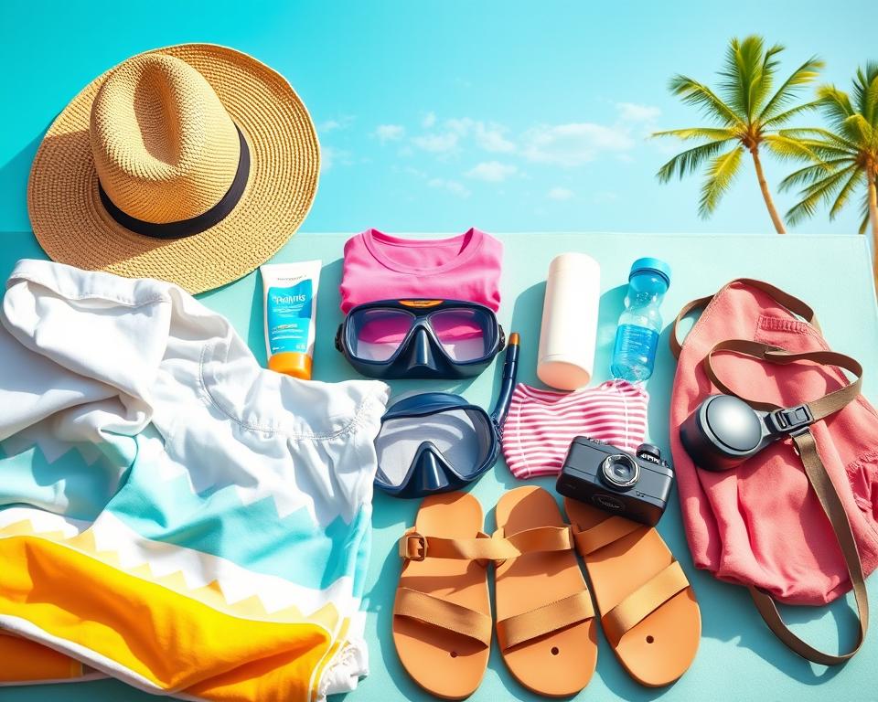 A vibrant flat lay of a well-organized travel packing list for Gili Asahan, featuring essential items such as a sun hat, sunscreen, lightweight clothing, sandals, a snorkeling mask, and a water bottle. In the foreground, neatly arranged travel accessories including a beach towel and a camera, evoking a sense of adventure. The middle layer showcases a background of turquoise waters and palm trees, hinting at the tropical island setting. Soft, warm afternoon sunlight casts gentle shadows, enhancing the tropical ambiance. The scene should inspire excitement and preparation for a perfect island trip, creating a mood of relaxation and adventure without any people or text. The composition should be clean, inviting, and visually appealing.