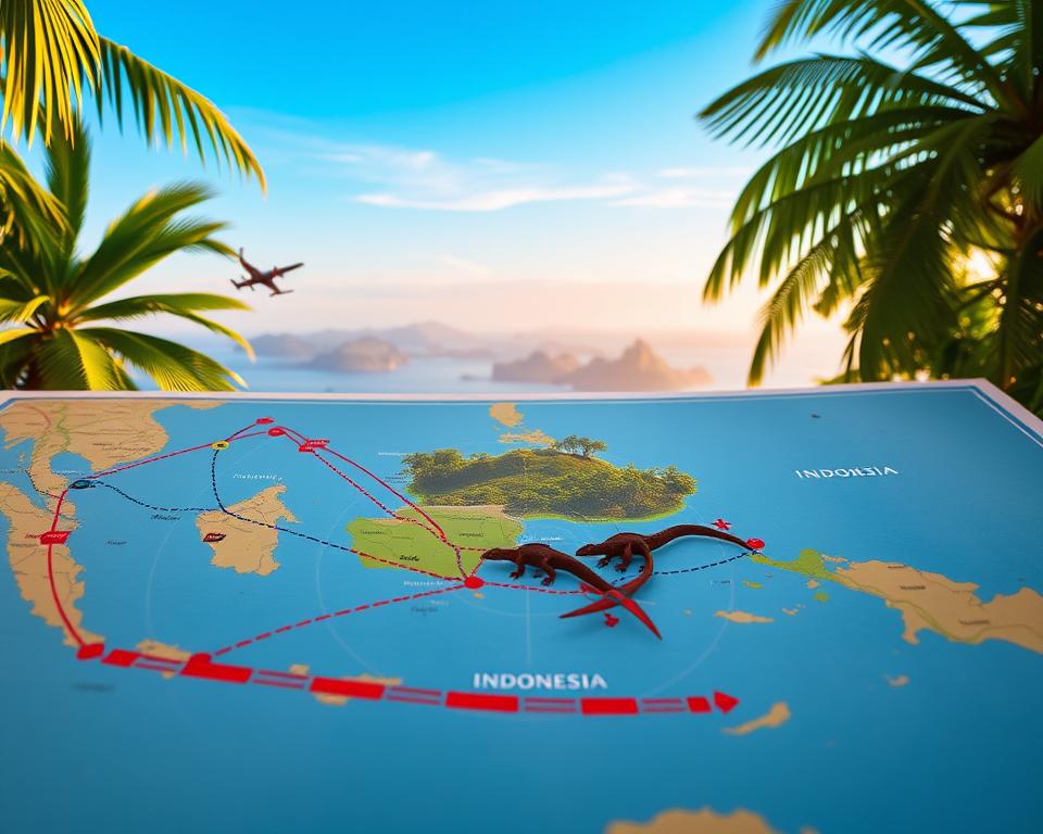 A vibrant illustration of a travel route map showcasing flights to Indonesia, specifically highlighting the journey to Loh Liang Komodo National Park. In the foreground, a detailed map with colorful flight paths, dotted lines, and icons representing various aircraft, all set against an attractive compass rose symbolizing directions. The middle layer features lush green tropical landscapes typical of Indonesia, with a silhouette of Komodo dragons subtly placed among the foliage. In the background, a picturesque view of the Komodo Islands under a clear blue sky evokes a sense of adventure. The scene is illuminated by warm, natural lighting, enhancing the vibrant colors and inviting atmosphere of a travel destination. Capture the essence of exploration and the excitement of embarking on an unforgettable journey.