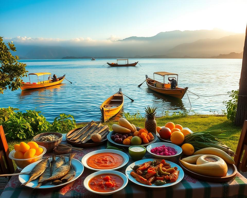 A vibrant lakeside scene at Toba Lake, Sumatra, showcasing a traditional outdoor dining setup. In the foreground, a beautifully arranged table with an array of local delicacies such as grilled fish, spicy sambal, and fresh tropical fruits, all set against a backdrop of lush greenery. The middle ground features serene waters of the lake reflecting the blue sky, with a few traditional wooden fishing boats gently bobbing at anchor. In the background, misty mountains enveloped in soft, early morning light rise above the lake, creating a tranquil atmosphere. The lighting is warm and inviting, suggesting either sunrise or sunset, capturing the essence of a peaceful dining experience by the lake. The mood is relaxed and idyllic, ideal for showcasing culinary delights from this enchanting location.