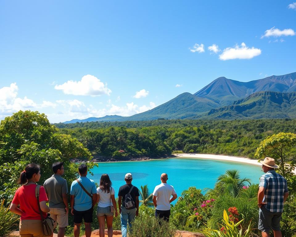 A vibrant landscape of the Maluku Islands showcasing eco-tourism and conservation efforts. In the foreground, a diverse group of tourists in modest casual clothing, observing native wildlife and enjoying a guided nature tour. The middle ground features lush tropical vegetation, including dense green trees and colorful flowers, while a crystal-clear blue ocean gently laps at a secluded beach. In the background, towering volcanic mountains rise majestically under a bright, sunny sky with a few fluffy clouds. The scene is infused with a warm and inviting atmosphere, emphasizing sustainable practices and the beauty of nature. Lighting is natural and bright, creating an uplifting and serene mood that highlights the harmony between tourism and conservation. The scene is captured from a slightly elevated angle, offering a panoramic view of this eco-friendly paradise.