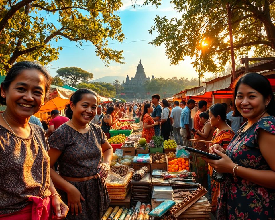 A vibrant local market scene in Java, bustling with activity. In the foreground, a group of artisans showcases their handmade crafts, including intricate batik textiles and wooden carvings, with smiling faces and modest casual clothing. The middle ground is filled with colorful stalls displaying fresh fruits and vegetables, while customers engage with vendors in friendly conversation, creating a dynamic atmosphere. In the background, lush greenery and the silhouette of Borobudur Temple under a clear blue sky add depth to the scene. Golden sunlight filters through the trees, casting a warm glow over the market, evoking a sense of cultural richness and community spirit. The image captures the essence of local craftsmanship and cultural experiences, inviting viewers to immerse themselves in this unique environment.
