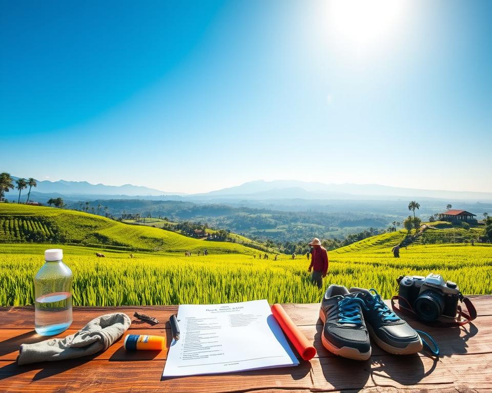 A vibrant, lush scene of Jatiluwih, Bali, showcasing the stunning terraced rice fields under a clear blue sky. In the foreground, a neatly arranged packing list on a rustic wooden table, including items like lightweight clothing, hiking shoes, a water bottle, sunscreen, and a camera. In the middle ground, local farmers tending to the fields, dressed in modest traditional attire, with lush green rice plants stretching into the distance. The background features the majestic silhouette of distant mountains, bathed in soft sunlight creating a serene atmosphere. The scene is captured with a slight upward angle, emphasizing the grandeur of the landscape, showcasing the tranquil beauty of Bali. The lighting is warm and inviting, enhancing the sense of peace and adventure in this picturesque location.