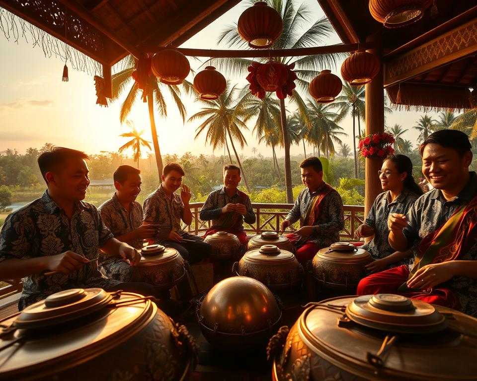 A vibrant scene capturing the essence of Gamelan music as a UNESCO cultural heritage. In the foreground, a group of musicians dressed in traditional Indonesian attire, including batik shirts and sarongs, joyfully playing intricate bronze instruments like gongs and metallophones. The middle ground features ornate decorations typical of Indonesian culture, showcasing rich colors and textures. In the background, a lush tropical landscape with palm trees and a setting sun casting warm golden light, creating an inviting and serene atmosphere. Use a wide-angle lens to emphasize the musicians' expressions and movements, focusing on their passion for the music. The overall mood should be celebratory and harmonious, reflecting the global significance and future of Gamelan music.