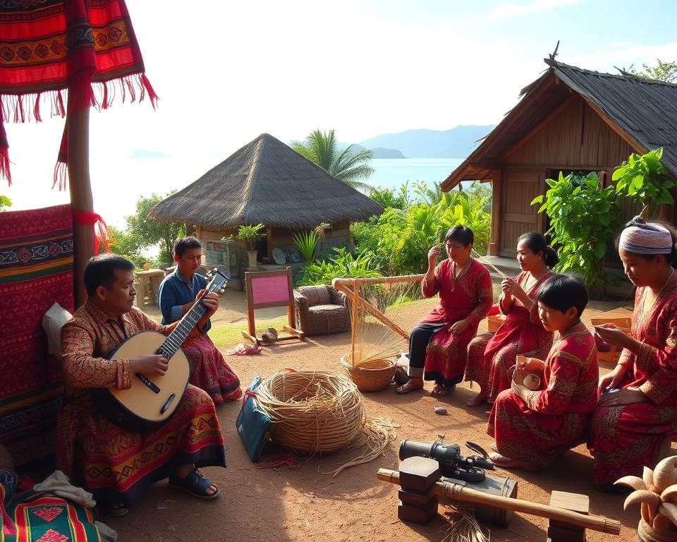 A vibrant scene depicting Batak culture near Lake Toba, Sumatra. In the foreground, a traditional Batak musician plays the gondang, surrounded by colorful Batak textiles showcasing intricate patterns. To the right, a group of locals dressed in traditional attire, including patterned shirts and sarongs, engage in a craftmaking demonstration, weaving rattan and creating intricate wood carvings. The middle ground features a rustic Batak house with a distinctive peaked roof against lush greenery. In the background, the serene waters of Lake Toba reflect the sky, framed by distant mountains. The scene is illuminated with soft, warm sunlight, casting gentle shadows and highlighting the rich textures of the fabrics and woodwork, creating an inviting, lively atmosphere infused with cultural heritage.