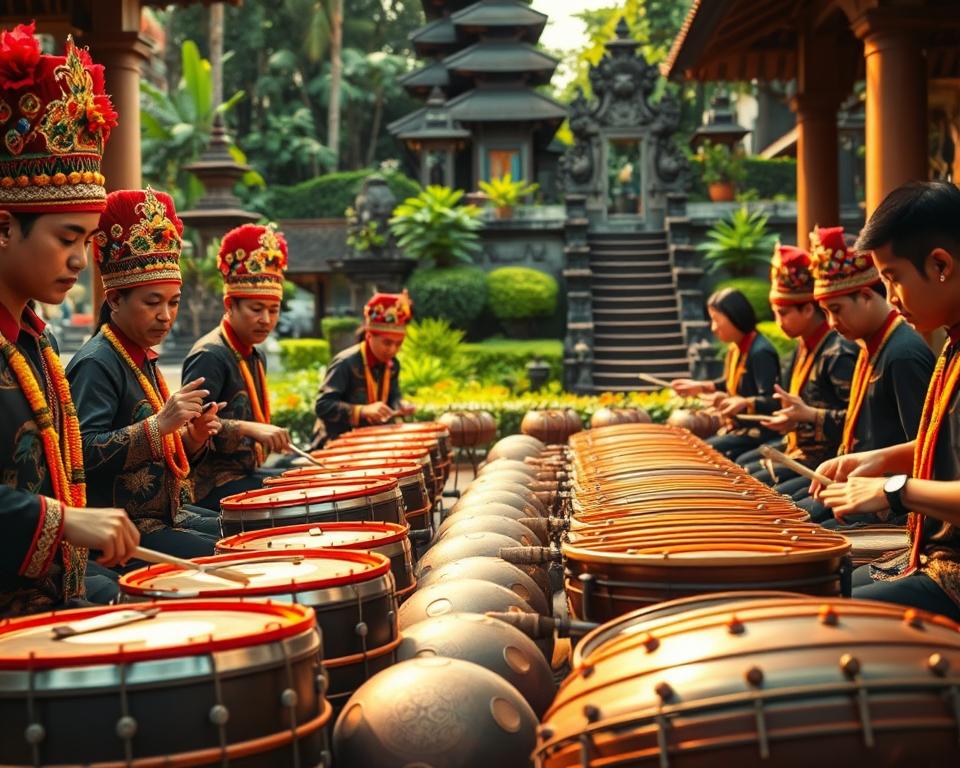 A vibrant scene depicting a Gamelan ensemble performing, showcasing intricate musical structures. In the foreground, skilled musicians play traditional instruments like the gong, metallophones, and drums, all adorned with colorful decorations. The musicians are dressed in traditional Indonesian attire, adding to the cultural richness of the image. In the middle ground, a variety of Gamelan instruments are arranged artistically, emphasizing their unique design and craftsmanship. The background features a beautiful Balinese temple with lush greenery, setting an authentic ambiance. Soft, golden lighting filters through, creating a warm, inviting atmosphere that highlights the intricate details of the instruments. A slight depth of field focuses sharply on the musicians while gently blurring the background.