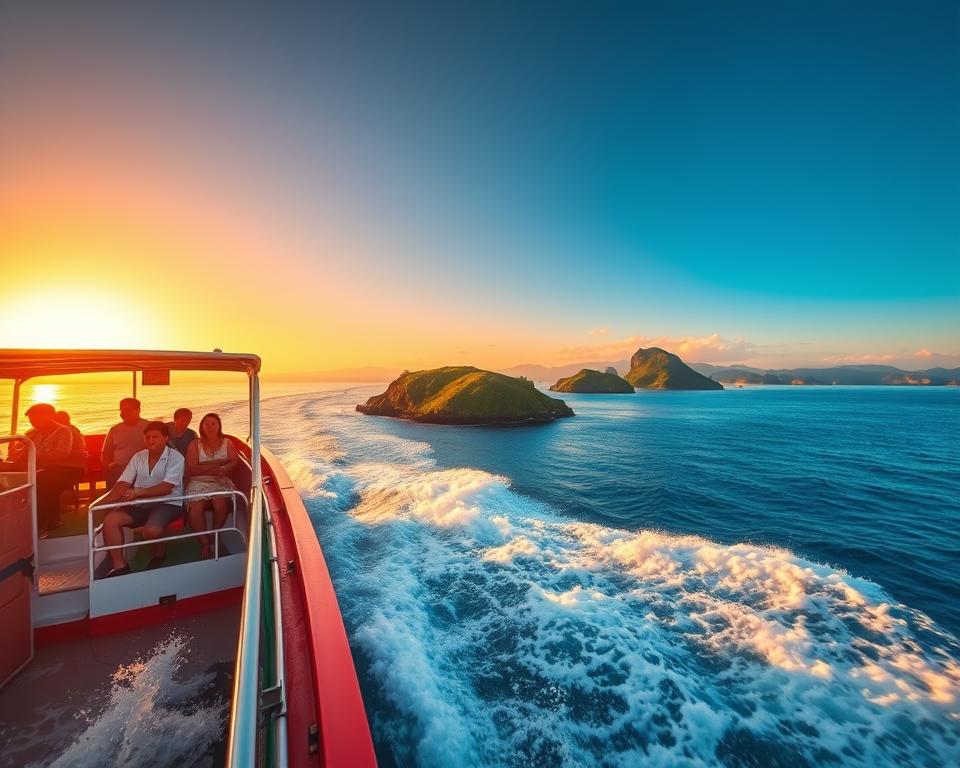 A vibrant scene depicting a ferry navigating the serene waters between Bali and Lombok. In the foreground, the ferry is prominently featured, its hull painted in bright colors, cutting through the clear blue waves. Passengers, dressed in casual but modest summer attire, can be seen enjoying the journey, capturing the essence of a lively travel atmosphere. In the middle ground, lush green islands dot the waterway, showcasing the natural beauty of the Indonesian archipelago. The background features a vivid sunset, casting warm golden hues across the sky and shimmering on the water's surface. The scene is bathed in soft, warm lighting, creating a welcoming and adventurous mood, ideal for travelers exploring these enchanting islands. The perspective is from an angle that emphasizes the ferry’s movement, enhancing the feeling of travel and exploration. A vibrant scene depicting a ferry navigating the serene waters between Bali and Lombok. In the foreground, the ferry is prominently featured, its hull painted in bright colors, cutting through the clear blue waves. Passengers, dressed in casual but modest summer attire, can be seen enjoying the journey, capturing the essence of a lively travel atmosphere. In the middle ground, lush green islands dot the waterway, showcasing the natural beauty of the Indonesian archipelago. The background features a vivid sunset, casting warm golden hues across the sky and shimmering on the water's surface. The scene is bathed in soft, warm lighting, creating a welcoming and adventurous mood, ideal for travelers exploring these enchanting islands. The perspective is from an angle that emphasizes the ferry’s movement, enhancing the feeling of travel and exploration.
