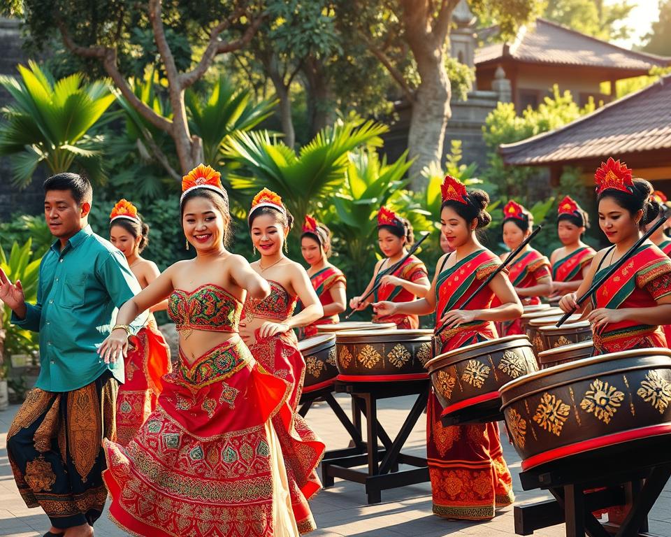 A vibrant scene depicting a traditional Gamelan performance outdoors, showcasing dancers adorned in colorful, intricate Balinese costumes that shimmer in the sunlight. In the foreground, a group of male and female dancers execute graceful movements, their expressions filled with joy and concentration, emphasizing the synergy between dance and music. In the middle ground, a striking ensemble of Gamelan musicians plays visually captivating instruments like metallophones and gongs, with detailed textures and bright colors reflecting the cultural richness. The background reveals lush greenery and traditional Balinese architecture, with soft, warm sunlight filtering through the trees, creating a tranquil yet festive atmosphere. The composition should capture a sense of harmony and celebration, conveying the deep connection between dance and Gamelan music.