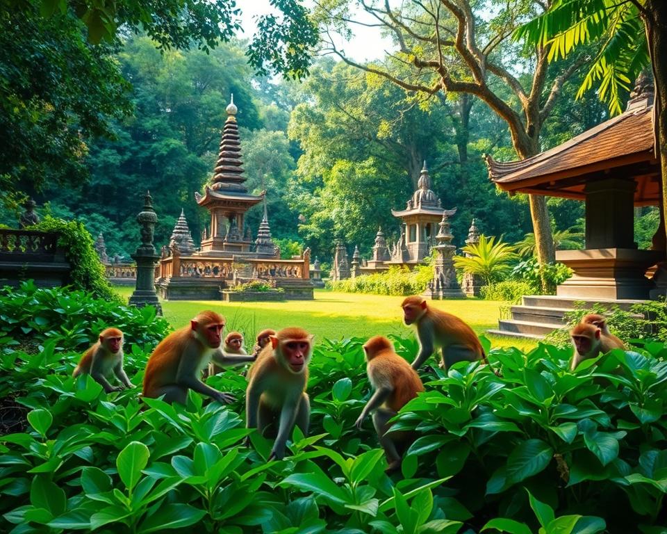 A vibrant scene depicting the Sangeh Monkey Forest in Bali during the best season for visiting. In the foreground, a group of playful long-tailed macaques interact amongst lush green foliage, showcasing their natural behavior. In the middle ground, traditional Balinese temples and stone sculptures are subtly integrated, surrounded by dense tropical greenery. In the background, a serene canopy of trees filters warm, soft sunlight, creating a dappled effect on the forest floor. The atmosphere is one of tranquility and harmony with nature, inviting visitors to explore this captivating locale. The image is captured from a slightly elevated angle, giving a comprehensive view of the forest's lush landscape, with focus on natural colors and rich textures, all while maintaining a peaceful, enchanting mood.