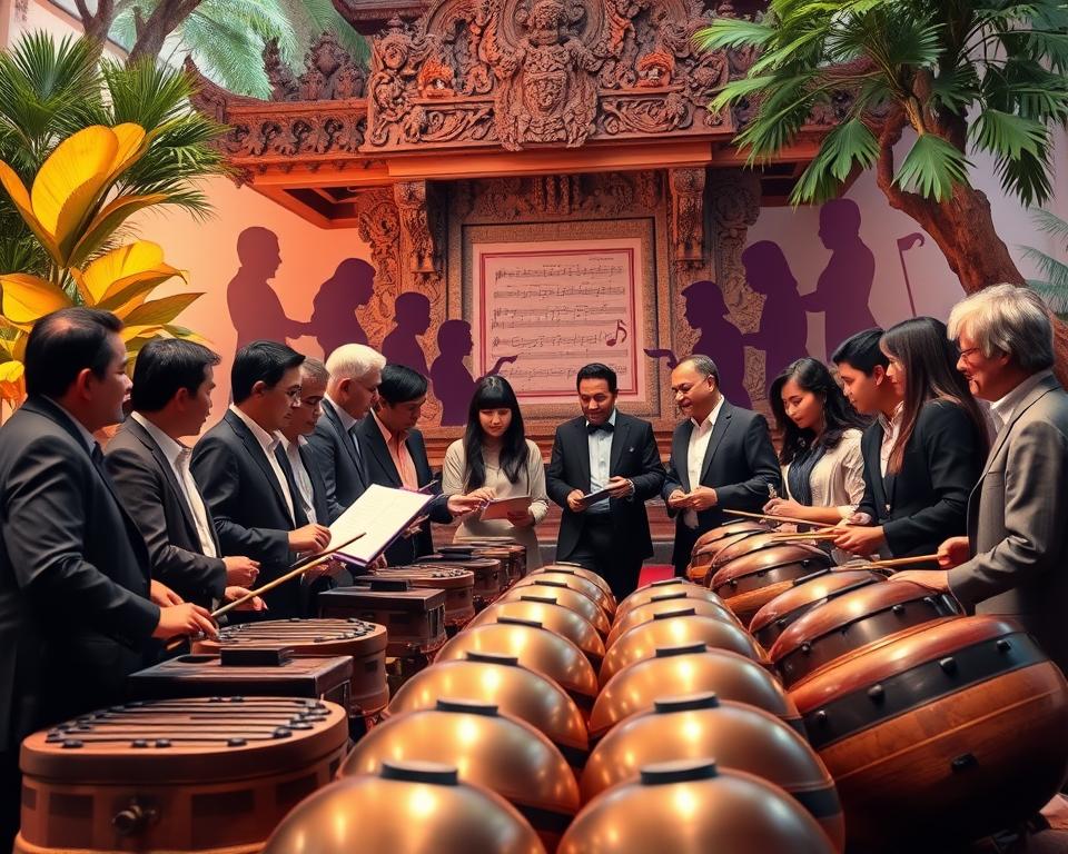 A vibrant scene depicting the influence of Gamelan music on Western composers. In the foreground, a diverse group of composers, dressed in professional attire, interacts with traditional Gamelan instruments, such as metallophones and gongs. They are engaged in a collaborative discussion, capturing the essence of cross-cultural exchange. In the middle ground, a richly decorated Balinese temple provides a cultural backdrop, with intricate carvings and lush tropical foliage. The background features silhouettes of famous Western composers, subtly represented through sheet music and notes, symbolizing their connection to Gamelan. Warm, ambient lighting creates an inviting atmosphere, highlighting the textures of the instruments and the enthusiasm of the composers. The angle is slightly tilted, adding dynamic energy to the composition while maintaining focus on the cultural fusion.