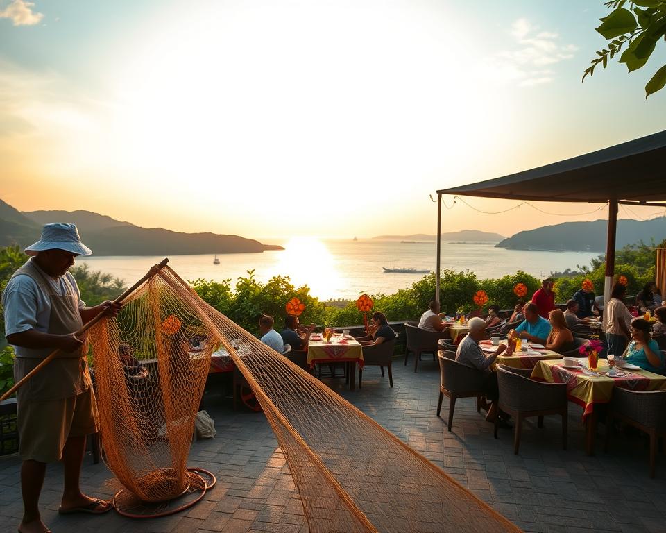 A vibrant scene depicting the rich culture of Jimbaran, Indonesia. In the foreground, a traditional Balinese fisherman in modest casual attire is preparing his fishing net. The middle ground features an open-air seafood restaurant bustling with locals and tourists enjoying meals, with colorful traditional Balinese decorations adorning the tables. In the background, the stunning Jimbaran Bay stretches out, framed by lush green hills under a warm, golden sunset sky, casting a serene glow over the sea. The lighting is soft and inviting, creating a peaceful atmosphere that captures the essence of local life and culture. The angle captures a wide view, emphasizing the harmony between the community and its beautiful natural surroundings.