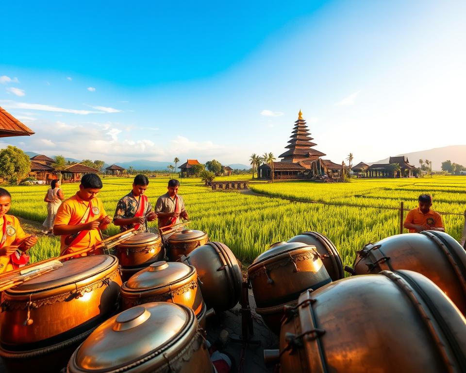 A vibrant scene depicting the rich history and origins of Gamelan music in Indonesia. In the foreground, a traditional Gamelan ensemble with musicians playing bronze gongs and metallophones, dressed in colorful, modest Balinese attire. The middle ground features intricate, carved wooden instruments, showcasing their traditional craftsmanship, while soft, warm golden light illuminates them. In the background, lush green rice paddies and traditional Balinese architecture under a bright blue sky evoke the serene ambiance of Bali. The atmosphere is lively yet peaceful, reflecting the cultural significance of Gamelan music as part of community celebrations. Utilize a wide-angle lens to capture the full scene, enhancing the sense of depth and immersion.