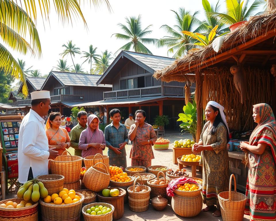 A vibrant scene depicting the traditional culture of the Maluku Islands, showcasing a local market filled with colorful textiles, handcrafted goods, and fresh tropical fruits. In the foreground, a group of men and women dressed in modest traditional attire engage in lively conversation, surrounded by intricately woven baskets and beautiful hand-carved decorations. In the middle ground, traditional wooden houses with thatched roofs and lush tropical foliage create a picturesque backdrop. The setting is drenched in warm sunlight, casting dynamic shadows and enhancing the rich colors of the scene. The atmosphere is lively and inviting, reflecting the warmth and hospitality of the local culture. Capture this scene from a slightly elevated angle to provide a comprehensive view of the vibrant market and its surroundings, evoking a sense of community and cultural heritage.