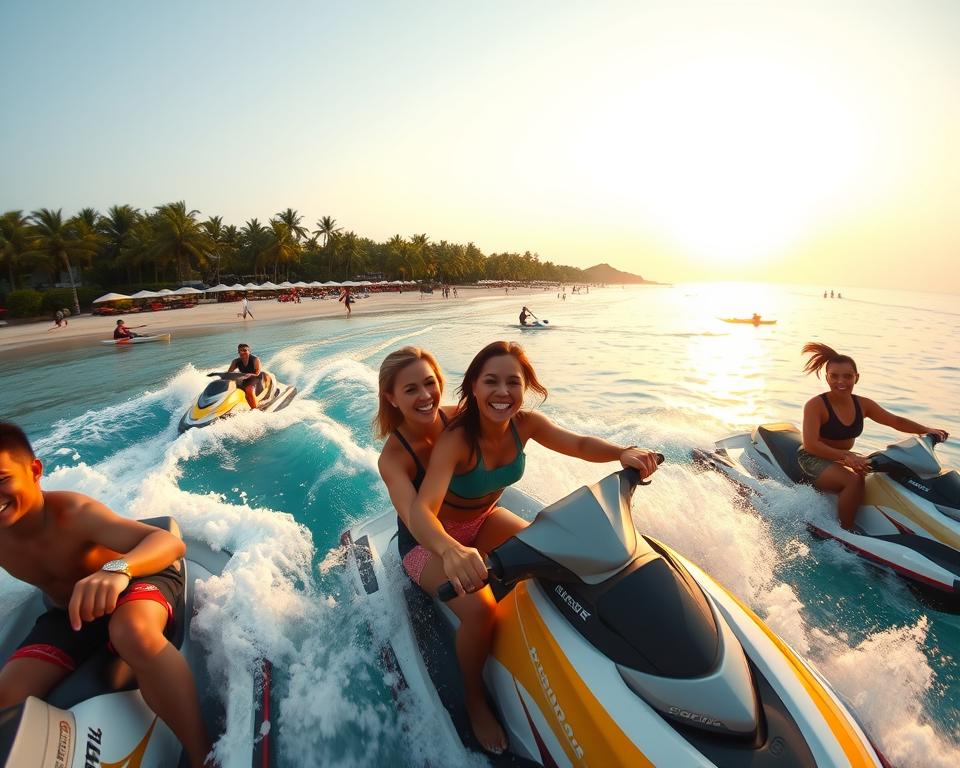 A vibrant scene depicting water sports in Jimbaran, Indonesia. In the foreground, a group of friends in modest, colorful casual attire are enjoying jet skiing, laughing as they splash through the turquoise waves. The middle ground features a picturesque beach lined with palm trees and beach umbrellas, with other water sports like paddleboarding and kayaking visible. In the background, the sun sets over the horizon, casting warm golden light across the serene ocean, creating a tropical paradise atmosphere. The image is captured with a wide-angle lens to emphasize the expansive beach and lively activities. The overall mood is joyful and adventurous, capturing the essence of leisure and excitement in a perfect holiday setting.