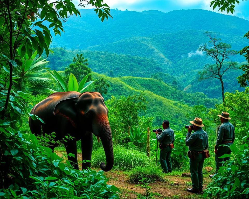 A vibrant scene from the Way Kambas National Park in Sumatra, showcasing lush, green tropical forests teeming with wildlife. In the foreground, a majestic Sumatran elephant stands calmly amidst dense foliage, surrounded by subtle beams of sunlight filtering through the trees, creating a serene atmosphere. In the middle ground, a small crew of park rangers dressed in practical outdoor attire is conducting a patrol, equipped with binoculars and notepads. In the background, rolling hills covered in rich greenery fade into a soft mist, adding depth to the landscape. The scene captures the essence of conservation work, highlighting the importance of national parks in protecting endangered species while conveying a sense of peace and harmony in nature.