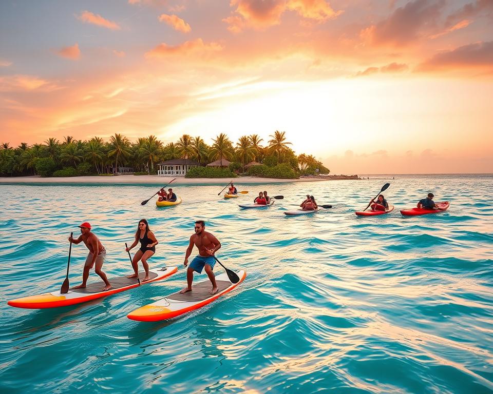 A vibrant scene on Gili Asahan showcasing various water sports. In the foreground, a group of people in modest casual attire are enjoying a paddleboarding session, their bright boards contrasting with the clear turquoise water. In the middle, a few kayakers glide smoothly across the waves, while others are engaged in snorkeling, admiring the colorful coral reef below. The background features lush green palm trees lining the pristine beach, with a picturesque sunset painting the sky in warm hues of orange and pink. The lighting is golden, capturing the magic of the golden hour, with reflections shimmering on the water’s surface. The overall mood is cheerful and adventurous, encapsulating the island's spirit of fun and relaxation.
