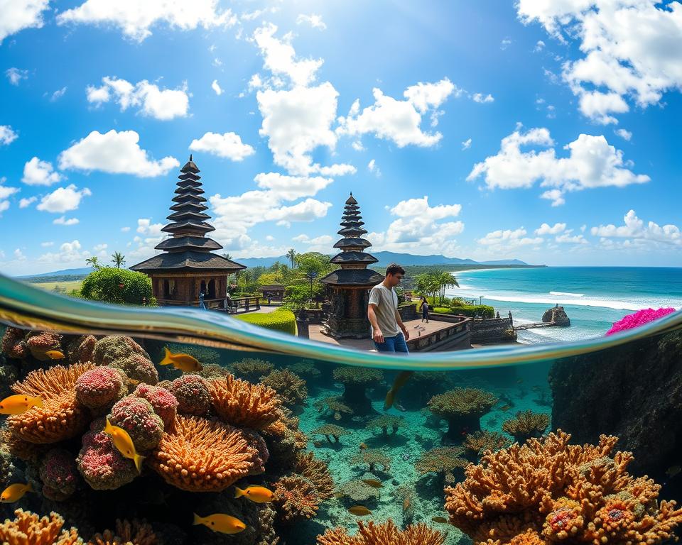 A vibrant scene showcasing cultural landmarks in Bali, interspersed with elements of diving. In the foreground, a diver in modest casual attire is exploring a coral reef teeming with colorful fish and marine life. The middle ground features iconic Balinese structures like a temple and traditional architecture surrounded by lush greenery and tropical flowers. The background reveals the breathtaking landscape of Bali's coastline under a clear blue sky, with gentle waves lapping at the shore. Soft, golden sunlight filters through scattered clouds, creating a warm and inviting atmosphere. Use a wide-angle lens to capture the depth of the scene, while ensuring that the focus remains sharp on both the diver and the landmarks, conveying a sense of adventure and cultural richness.