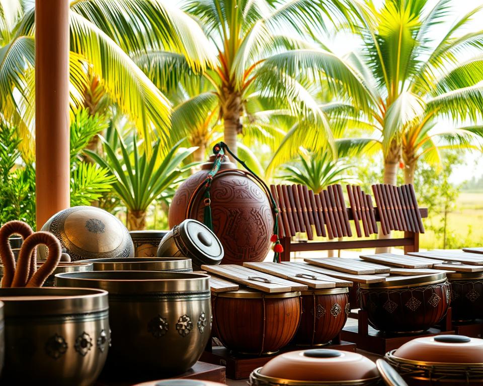 A vibrant scene showcasing traditional Gamelan instruments in an open, sunlit setting. In the foreground, highlight intricate Balinese metallophones and gongs, their surfaces reflecting the warm tones of sunlight. In the middle, include a beautifully carved wooden kendang (drum) and a group of ray overlapping pentatonic xylophones, with colorful fabric used for decoration. The background features lush greenery, evoking the tropical essence of Indonesia, with gently swaying palm trees. Soft, diffused natural lighting enhances the warm, inviting atmosphere, creating a sense of tranquility and cultural richness. The composition should maintain a balanced perspective, allowing viewers to appreciate the craftsmanship and beauty of each instrument.