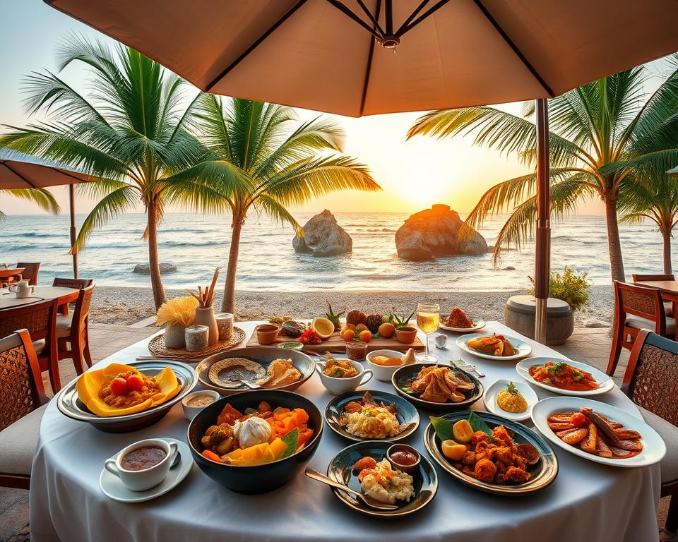 A vibrant seaside dining scene at Diamond Beach on Nusa Penida, showcasing a beautifully arranged outdoor table under a large umbrella. In the foreground, display an array of traditional Indonesian dishes served in elegant crockery, with vibrant colors of fresh fruits, seafood, and local delicacies. The middle ground features lush palm trees swaying gently in the breeze, with hints of decorative fairy lights adding warmth to the atmosphere. In the background, the iconic diamond-shaped rock formations emerge from the sparkling turquoise waters, with the sun setting, casting a golden glow over the entire scene. The mood is inviting and serene, capturing the essence of gastronomic offerings by the beach. The image should be well-lit, showcasing rich colors and textures, shot from a slight elevation to provide a panoramic view of this exquisite dining experience.