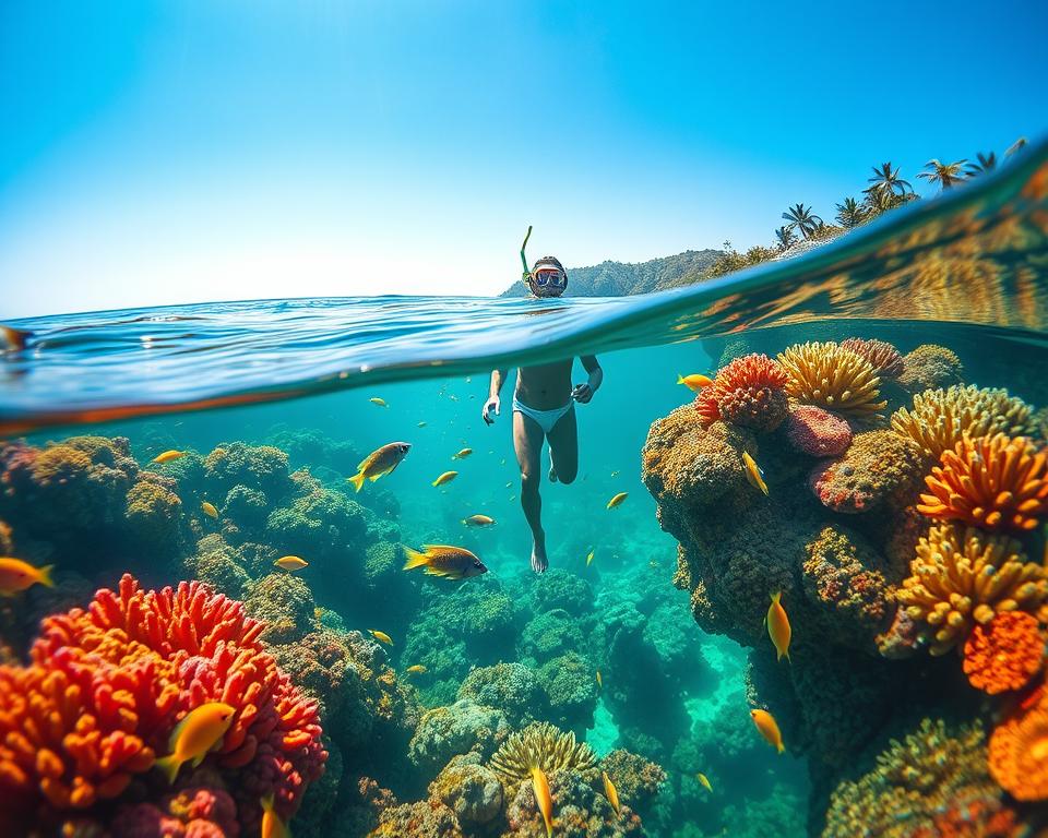 A vibrant snorkeling scene showcasing the stunning underwater landscape of "Bucht Riff" in Bali. In the foreground, a diverse array of colorful coral reefs with various fish swimming around them, illuminated by the sunlight filtering through the water's surface. In the middle ground, a snorkeler wearing modest swim attire, equipped with a mask and snorkel, exploring the vibrant marine life, surrounded by schools of tropical fish. In the background, the gentle undulation of the ocean waves and the distant silhouette of Bali's lush coastline under a clear blue sky. The atmosphere is serene and inviting, with a focus on the beauty of underwater exploration, captured in bright, natural lighting. The angle is slightly tilted upward, emphasizing the depth and allure of the underwater world.