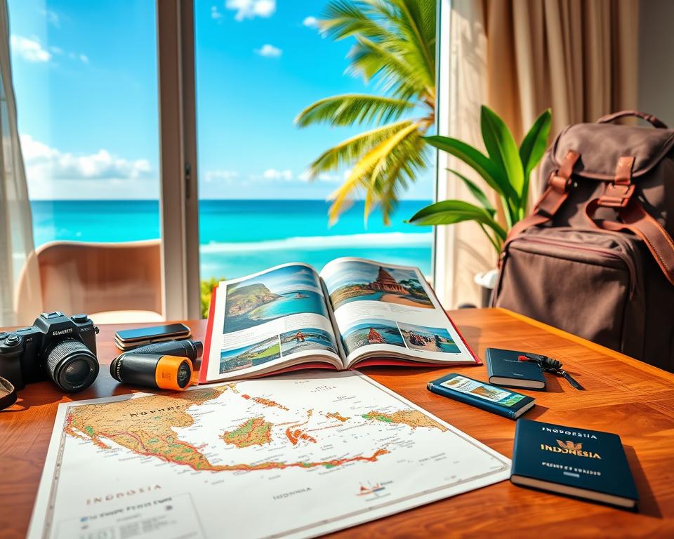 A vibrant travel preparation scene for Indonesia, showcasing a stylish wooden table in the foreground filled with detailed travel essentials: a map of Indonesian islands, a camera, sunscreen, a passport, and a backpack neatly arranged. In the middle ground, a travel guidebook opens to colorful images of lush tropical landscapes, traditional Balinese temples, and pristine beaches. The background reveals a beautiful window with an ocean view, palm trees swaying gently in the breeze under a bright blue sky. The lighting is warm and inviting, suggesting a sunny day with soft shadows. The atmosphere is one of excitement and anticipation, reflecting the adventure of preparing for a journey to the stunning islands of Indonesia. A vibrant travel preparation scene for Indonesia, showcasing a stylish wooden table in the foreground filled with detailed travel essentials: a map of Indonesian islands, a camera, sunscreen, a passport, and a backpack neatly arranged. In the middle ground, a travel guidebook opens to colorful images of lush tropical landscapes, traditional Balinese temples, and pristine beaches. The background reveals a beautiful window with an ocean view, palm trees swaying gently in the breeze under a bright blue sky. The lighting is warm and inviting, suggesting a sunny day with soft shadows. The atmosphere is one of excitement and anticipation, reflecting the adventure of preparing for a journey to the stunning islands of Indonesia.