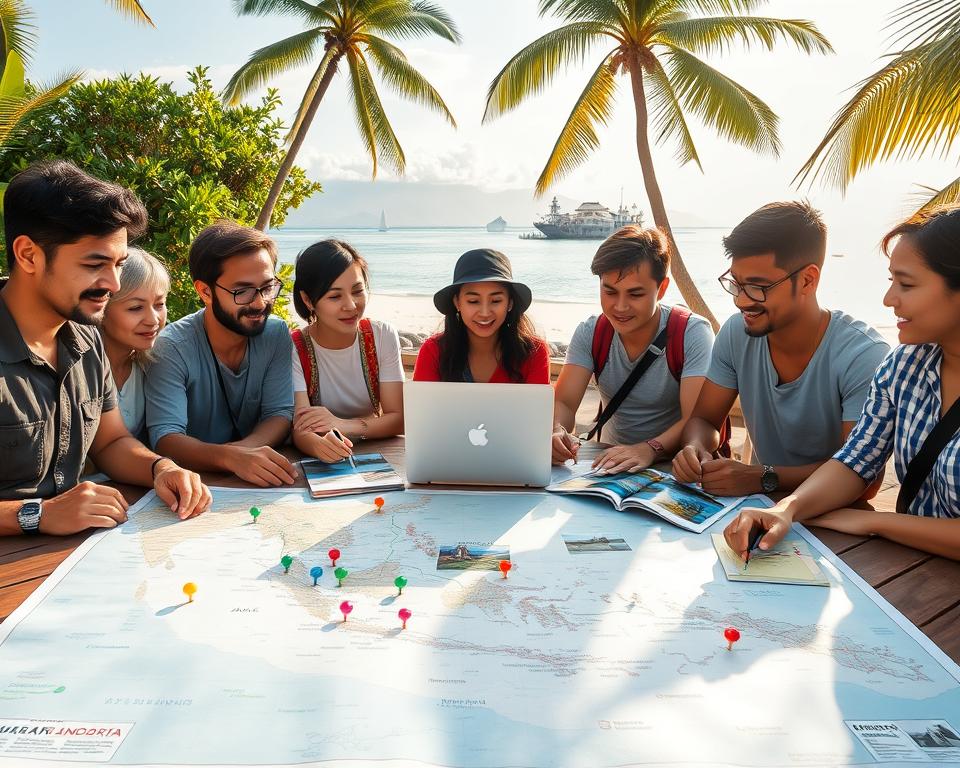 A vibrant travel scene depicting an Indonesian travel route planning session. In the foreground, a group of diverse travelers, dressed in modest casual clothing, are gathered around a large map spread out on a wooden table, studying routes with markers and colorful pins. In the middle ground, a laptop and travel guides are visible, showcasing various Indonesian islands like Bali, Java, and Sumatra. The background features lush tropical foliage and the iconic silhouette of an Indonesian island with a serene beach and crystal-clear waters. The sunlight casts a warm golden hue over the scene, creating a relaxed and adventurous atmosphere. The image exudes a sense of exploration and excitement about island-hopping adventures in Indonesia.