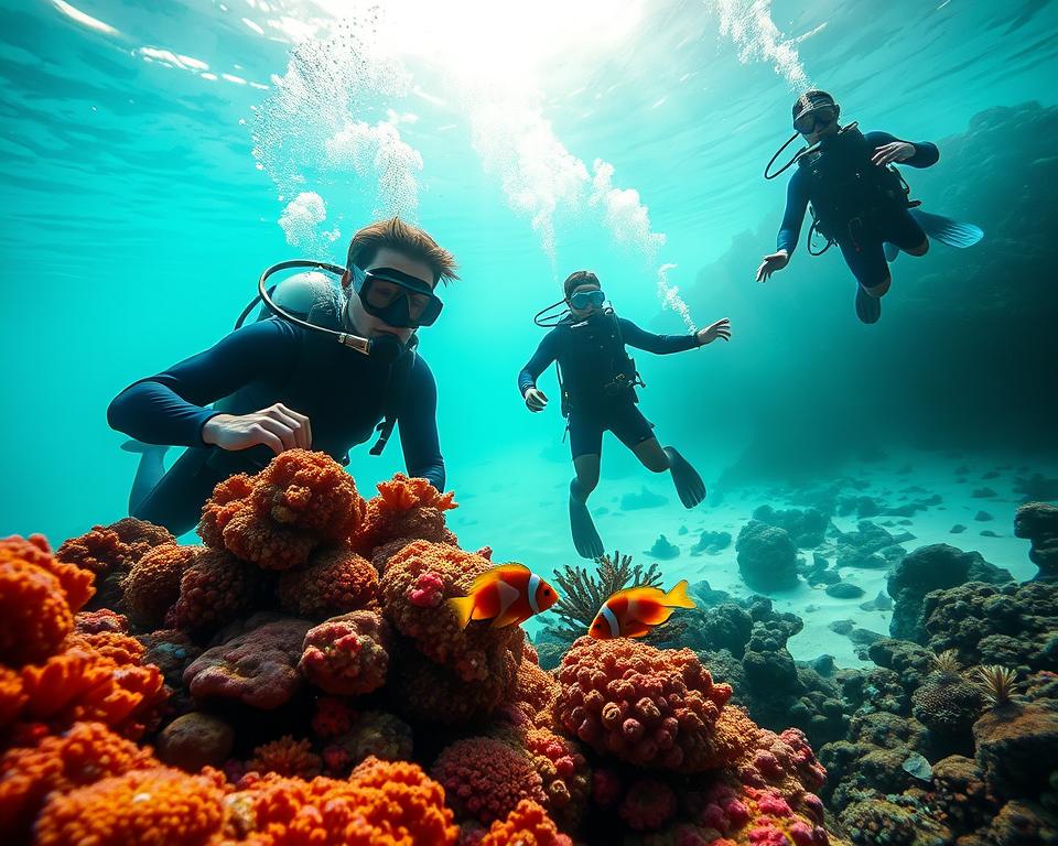 A vibrant underwater scene in Crystal Bay, Bali, showcasing a group of divers in modest wetsuits exploring the rich marine life. In the foreground, a diver examines a colorful coral reef teeming with tropical fish, including clownfish and angelfish, illuminated by soft sunlight filtering through the water's surface. In the middle ground, other divers swim gracefully, interacting with the underwater environment, their bubbles rising to the surface. The background features gentle rolling hills of coral and a hint of the sandy ocean floor. The mood is serene and enchanting, with an inviting turquoise hue of the water that captures the beauty of Bali's underwater world. The angle is slightly below sea level, highlighting the depth and vibrancy of the scene, inviting viewers into the magical realm of diving.