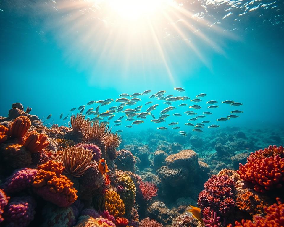 A vibrant underwater scene showcasing the breathtaking marine life of the Maluku Islands. In the foreground, colorful coral reefs teeming with tropical fish, such as clownfish and parrotfish, are clearly visible. The middle ground features a school of shimmering fish swimming gracefully through the crystal-clear water, with diverse marine flora swaying gently with the currents. In the background, sun rays pierce through the water's surface, illuminating the seascape and creating a serene ambiance. The scene is bathed in warm sunlight, casting dynamic patterns on the ocean floor. Capture this underwater paradise with a wide-angle perspective to highlight the rich colors and lively atmosphere of the Molukken underwater world. The mood is tranquil, inviting viewers to explore the depths of this aquatic paradise.