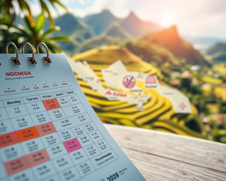 A visual representation of a detailed vaccination schedule for travelers planning a trip to Indonesia. In the foreground, display a close-up of a well-organized calendar with highlighted dates for recommended vaccinations, adorned with small icons representing different vaccines. The middle shows a map of Indonesia, with marked tourist destinations like Bali and Jakarta, alongside illustrations of medical symbols and landmarks. The background features a soft-focus image of lush Indonesian landscapes, such as rice terraces and tropical beaches, under bright, natural sunlight to convey a sense of adventure. Aim for a clean, professional aesthetic with a warm and inviting atmosphere, captured with a wide-angle lens to encompass the elements harmoniously.