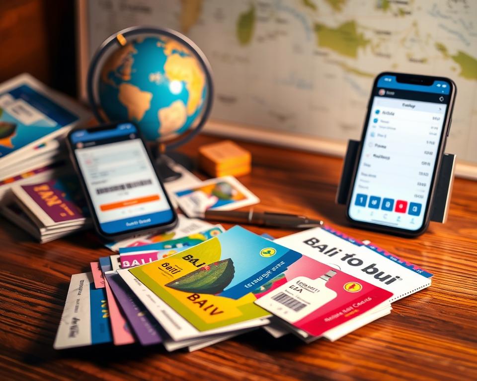 A visually appealing image showcasing a collection of ferry tickets and boarding passes on a wooden table. In the foreground, a stack of colorful tickets featuring various designs for a Bali to Lombok route, some partially scattered, highlighting their unique graphics and perforated edges. In the middle ground, a smartphone displaying a ferry booking app, presenting options for dates and prices, along with a stylish pen resting beside it. The background features a softly lit travel-themed setup, including a small globe and a map of Indonesia, creating a travel atmosphere. Warm lighting enhances the scene, casting gentle shadows, evoking a sense of anticipation and adventure. The overall mood is professional yet inviting, ideal for travelers planning their journey. A visually appealing image showcasing a collection of ferry tickets and boarding passes on a wooden table. In the foreground, a stack of colorful tickets featuring various designs for a Bali to Lombok route, some partially scattered, highlighting their unique graphics and perforated edges. In the middle ground, a smartphone displaying a ferry booking app, presenting options for dates and prices, along with a stylish pen resting beside it. The background features a softly lit travel-themed setup, including a small globe and a map of Indonesia, creating a travel atmosphere. Warm lighting enhances the scene, casting gentle shadows, evoking a sense of anticipation and adventure. The overall mood is professional yet inviting, ideal for travelers planning their journey.