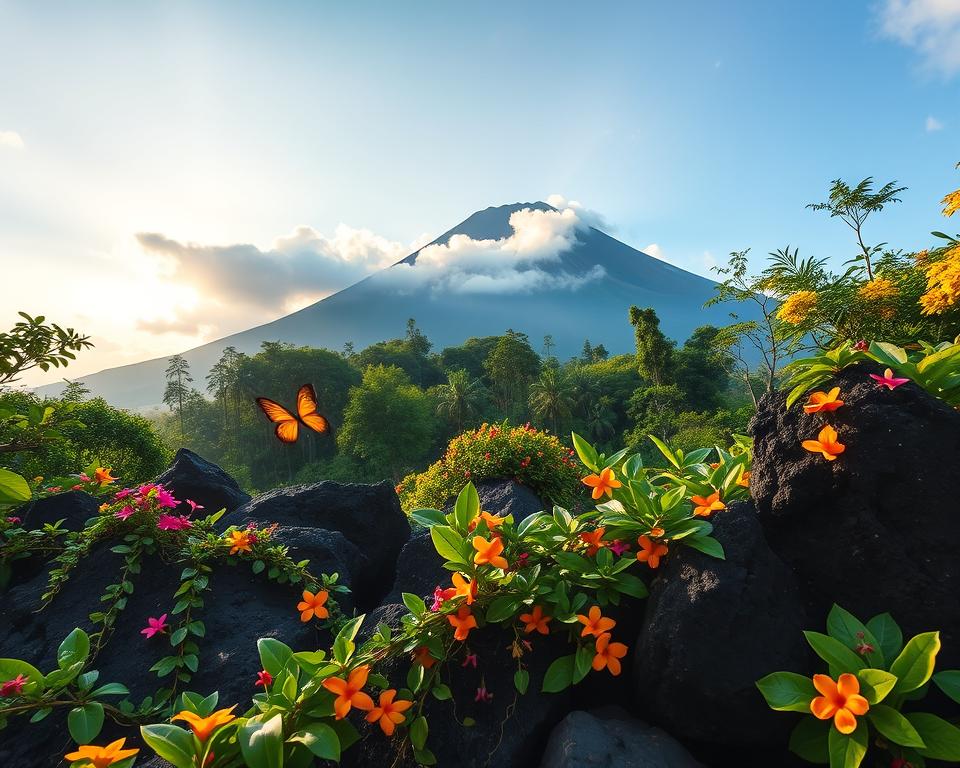 A vivid landscape of Mount Agung in Bali, showcasing its lush flora and diverse fauna. In the foreground, colorful tropical flowers and creeping vines entwine around dark volcanic rocks. The middle ground features an array of green, towering trees, with vibrant butterflies fluttering among the leaves. The background reveals the majestic peak of Mount Agung, partially shrouded in soft, ethereal clouds, with a hint of morning sunlight breaking through. The lighting is warm and inviting, creating a serene atmosphere. Use a wide-angle lens to capture the expansive beauty of the scene, emphasizing the contrast between the vibrant colors of the flora and the rugged, ancient mountain. The mood is tranquil and inviting, evoking a sense of discovery and appreciation for nature's beauty.