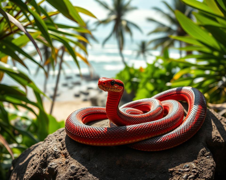 A vividly detailed scene featuring a "Rotnacken-Kielschlange," showcasing its striking red neck and sleek body, coiled on a sunlit rock amidst lush tropical foliage. In the foreground, the snake's glossy scales shimmer as it basks in the daylight, emphasizing the contrast between its vibrant colors and the green leaves surrounding it. The middle ground captures the snake's dynamic posture, demonstrating its agility and alertness. In the background, a blurred view of a Balinese landscape with gentle waves crashing against the shore and distant palm trees swaying in the breeze adds depth to the setting. The lighting is bright and natural, creating a lively atmosphere, with a camera angle that focuses closely on the snake to highlight its features. The mood is one of vitality and danger, conveying the essence of this remarkably venomous species in a tropical paradise.