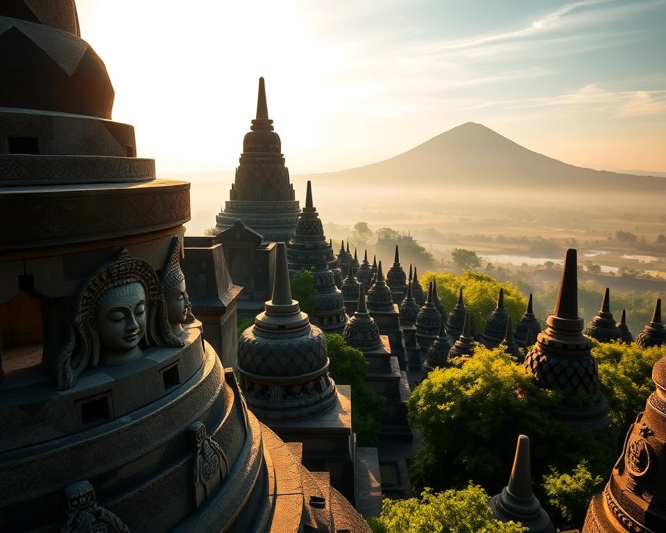 A wide-angle view of the Borobudur Temple, showcasing its intricate architecture and magnificent stupas. In the foreground, detailed carvings of Buddhist motifs and serene faces are illuminated by soft morning light, emphasizing their texture and artistry. The middle ground features the multiple tiered levels of the temple ascending towards the sky, with lush green foliage surrounding the base, enhancing the temple's grandeur. In the background, a misty volcanic landscape creates a mysterious atmosphere, hinting at the majestic Mount Merapi. The scene is bathed in warm golden light, evoking a sense of tranquility and reverence. Capture the essence of this UNESCO World Heritage Site, highlighting its architectural splendor and spiritual significance, without any human presence or distractions in the composition.