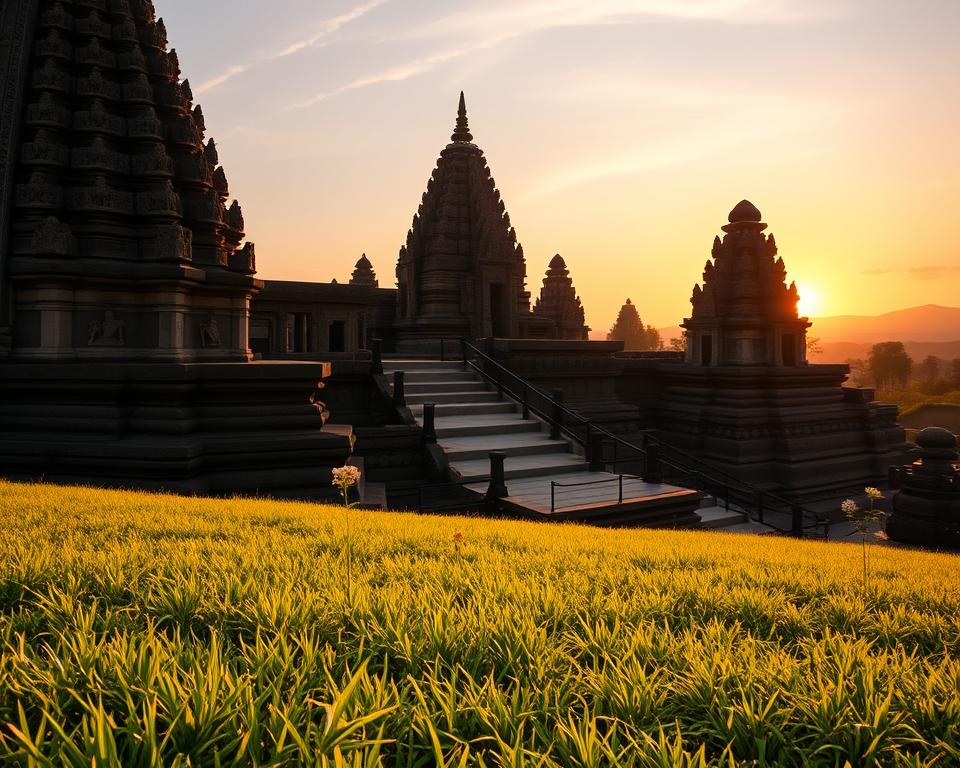 An expansive view of the Prambanan Temple complex during golden hour, with warm sunlight casting soft shadows across the intricate carvings of the main Hindu temple. In the foreground, lush green grass and a few small flowering plants add vibrant life, while the middle ground showcases the towering spires of the temple, adorned with ornate stone reliefs depicting mythical stories. The background fades into a gentle horizon where the silhouettes of distant hills meet a colorful sunset, creating a serene atmosphere. Capture this scene with a wide-angle lens to emphasize the grandeur of the temple, ensuring the lighting creates a warm and inviting mood, ideal for showcasing this UNESCO World Heritage Site's stunning beauty.