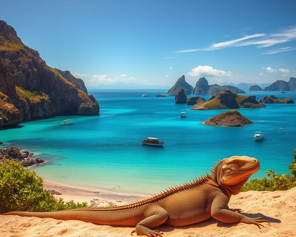 At Komodo National Park, capture a breathtaking scene with vibrant turquoise waters and dramatic rocky cliffs bathed in warm golden sunlight. In the foreground, a Komodo dragon lounges on a sun-drenched sandy beach, surrounded by lush green tropical vegetation. The middle ground features small boats navigating between the picturesque islands, showcasing the diverse flora and fauna of the region. In the background, a panoramic view reveals a series of rugged hills and distant islands dotting the horizon, partially shrouded in mist. Use a wide-angle lens for a sense of depth and perspective, with soft lighting to create a tranquil, inviting atmosphere. Ensure the image evokes feelings of adventure and serenity, perfect for showcasing the beauty of this Indonesian paradise.