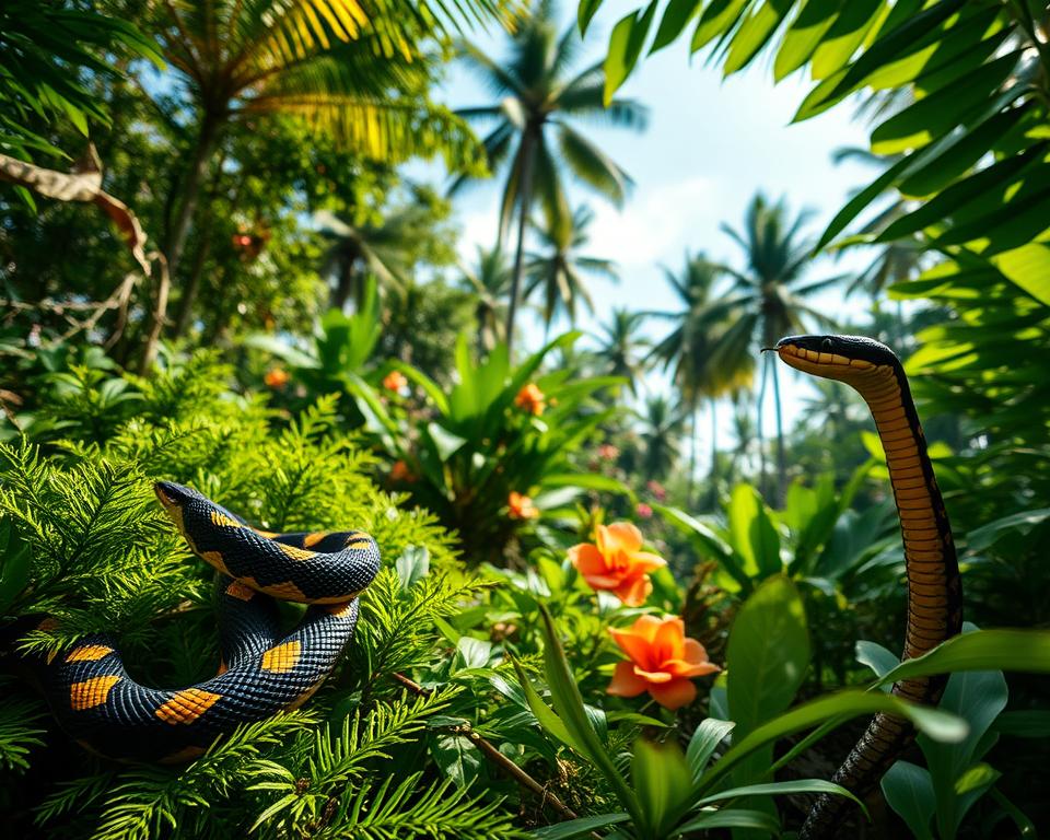 In a lush Balinese jungle, a vibrant scene unfolds featuring two venomous snakes – a black-and-yellow banded krait and a strikingly colorful king cobra. In the foreground, the snakes coil around green ferns and rustling leaves, their scales shimmering in the dappled sunlight. The middle ground reveals a dense thicket with hints of blooming exotic flowers, adding pops of color to the rich greens. In the background, towering palm trees rise against a bright blue sky, creating a serene yet mysterious atmosphere. The image is captured in soft natural lighting, emphasizing the snakes' intricate patterns and textures. The angle is slightly elevated, providing a dynamic view while maintaining a sense of intrigue about these dangerous yet captivating creatures of Bali. The overall mood is adventurous and respectful of nature's beauty.