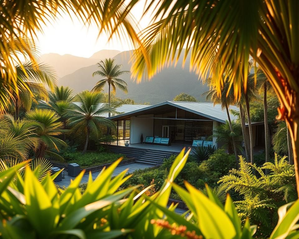 Loh Liang Besucherzentrum at Komodo National Park, showcasing the visitor center with its modern architecture nestled in a lush, tropical landscape. In the foreground, vibrant greenery and unique flora native to the region, such as palm trees and ferns, create a natural frame. The middle ground features the visitor center with large glass windows, inviting and contemporary design, surrounded by informative displays about the park’s wildlife. In the background, a glimpse of the rugged Komodo island hills. The scene is illuminated by warm, golden hour sunlight, casting soft shadows and highlighting textures. The atmosphere is welcoming and serene, reflecting the adventure awaiting visitors at this gateway to the Komodo National Park. The angle is slightly elevated, offering a panoramic view while keeping the focal point on the visitor center.