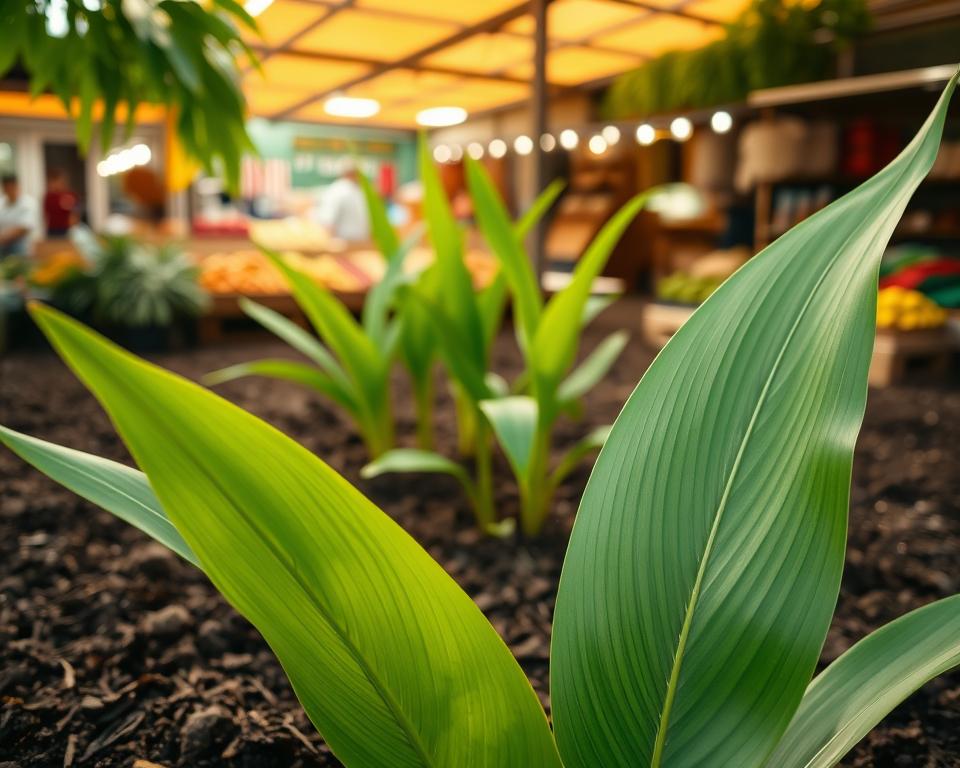 Lush green Pandan leaves in the foreground, showcasing their long, slender, and blade-like structure with soft, visible veins. In the middle ground, arrange a few Pandan plants growing in rich, dark soil within a tropical garden setting. The background should feature a blurred image of an outdoor market scene in Germany, hinting at sections of local produce stalls. The lighting is warm and natural, capturing the vibrant hues of the leaves, with a slight backlight that enhances their texture. A soft focus on the background adds depth, creating a serene and inviting atmosphere, evoking a sense of curiosity and exploration into the world of Pandan leaves.