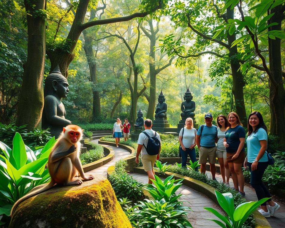 Lush green foliage envelops the enchanting Sangeh Monkey Forest, where playful monkeys interact with visitors amidst towering trees. In the foreground, a curious monkey sits on a moss-covered stone, while a group of tourists, dressed in casual attire, smiles and interacts with them. The middle ground features winding paths lined with vibrant tropical plants, leading towards traditional Balinese statues partially obscured by vines. The background reveals a dense canopy bathed in dappled sunlight, filtering through the leaves, creating an ethereal, golden glow. The atmosphere is lively and engaging, evoking a sense of adventure and connection with nature. The image is captured from a slightly elevated angle, emphasizing both the charm of the monkeys and the beauty of the serene forest environment.