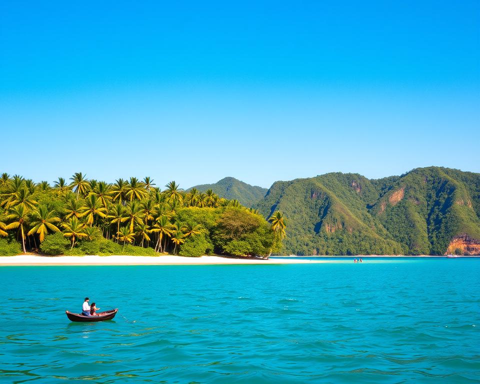 Lush green landscapes of Menjangan Island under a clear blue sky, showcasing the vibrant biodiversity of Bali Barat National Park. In the foreground, a calm turquoise sea gently lapping against the white sandy shore, dotted with clusters of palm trees swaying in a light breeze. The middle distance features a few elegant, modestly dressed travelers exploring the natural beauty, capturing the island's stunning coral reefs and rich flora. The background reveals the dramatic cliffs and dense jungles of the national park, bathed in warm, golden sunlight, creating a serene and inviting atmosphere. Use a wide-angle lens to emphasize the expansive scenery and vibrant colors, ensuring a bright and optimistic mood that conveys the ideal travel experience on Menjangan Island.