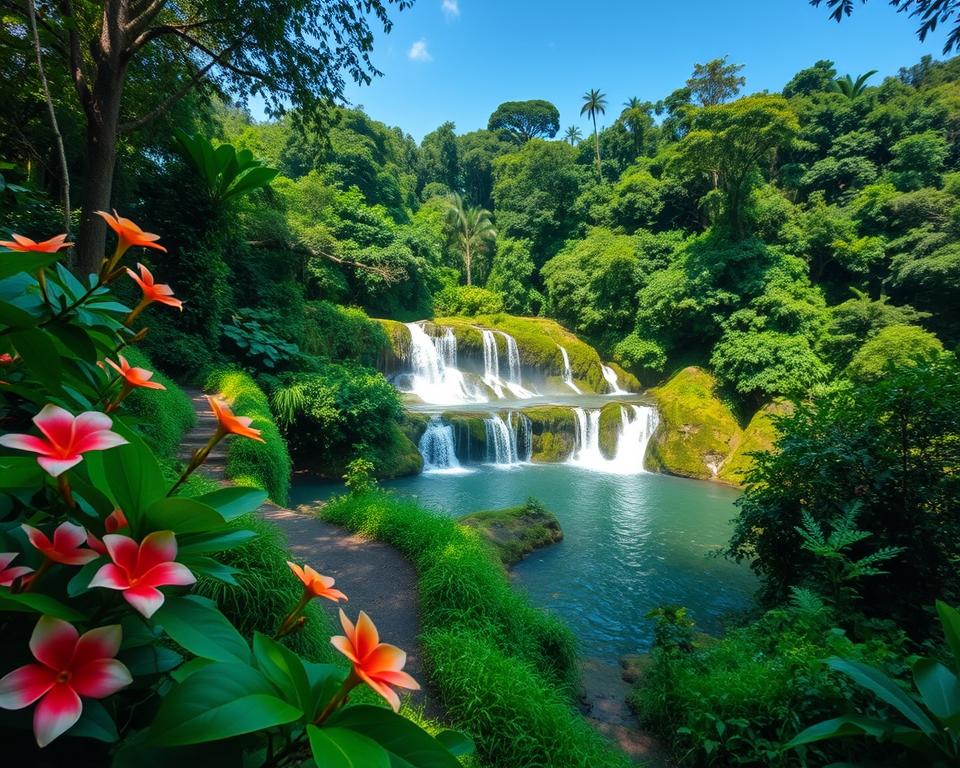 Lush green landscapes surround the enchanting waterfalls in Lovina, Indonesia. In the foreground, vibrant tropical flowers sway gently in the breeze, while a narrow, winding path leads to the waterfalls. The mid-section showcases cascading water tumbling over moss-covered rocks, creating a serene pool below, reflecting the clear blue sky. In the background, dense jungle foliage teems with rich vegetation, hinting at the diverse wildlife that inhabits the area. Soft, dappled sunlight filters through the tree canopy, casting delicate shadows and creating a tranquil atmosphere. The composition should be captured from a slightly elevated angle to highlight both the waterfalls and the lush surroundings, evoking a sense of adventure and discovery in nature.
