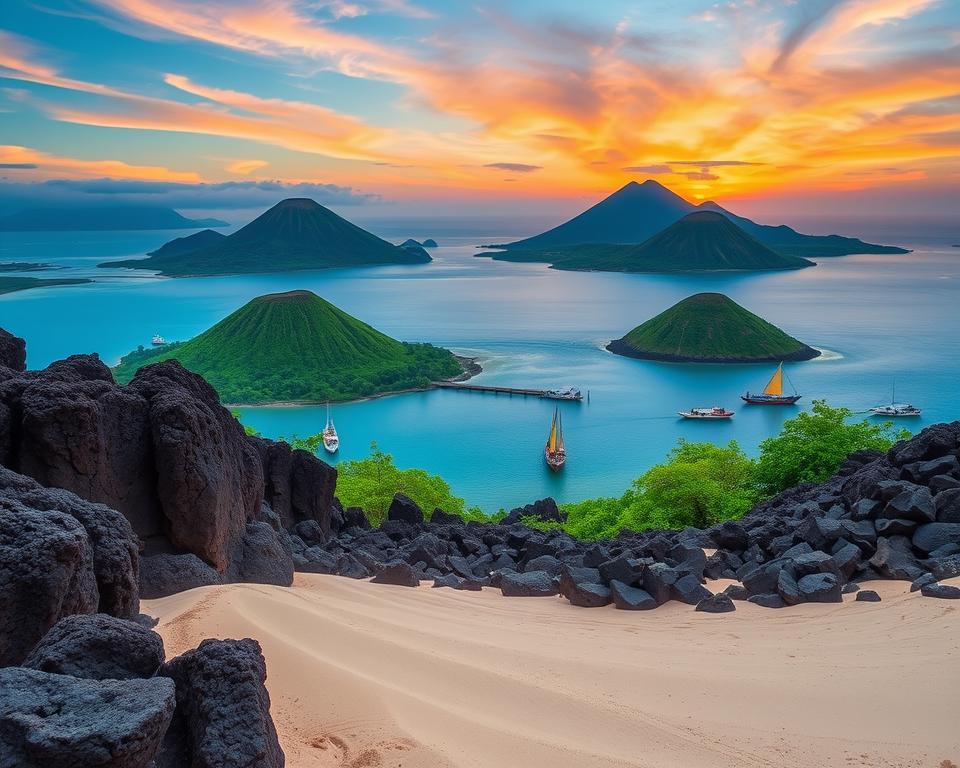 Lush volcanic islands of Ternate and Tidore rise majestically from the azure sea, surrounded by vibrant green vegetation. In the foreground, rugged volcanic rock formations are textured with age, while a gently rolling sandy beach invites exploration. The middle ground showcases traditional fishing boats anchored near the coast, their colorful sails catching the soft sunlight. In the background, the iconic symmetrical cones of Ternate and Tidore volcanoes stand tall against a backdrop of wispy clouds, with the sky painted in warm hues of orange and pink during a stunning sunset. The scene evokes a serene and tranquil atmosphere, capturing the natural beauty and rich landscapes of the Maluku Islands. Use a wide-angle lens to emphasize depth and scale, with soft, diffused lighting to enhance the colors and textures of this tropical paradise.