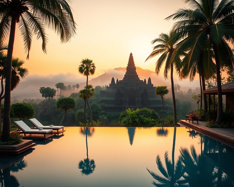 Luxurious hotels with stunning views of the Borobudur Temple, nestled amidst lush green landscapes. In the foreground, a beautifully designed infinity pool reflects the vibrant colors of sunset, with lounge chairs elegantly arranged around it. The middle ground features an upscale hotel structure with modern architectural elements, blending seamlessly into the natural surroundings. Towering palm trees and tropical flowers enhance the ambiance. In the background, the majestic Borobudur Temple rises gently, enveloped in soft morning mist, inviting exploration. The lighting casts a warm golden tone, creating a serene and tranquil atmosphere. The image should evoke a sense of peace and opulence, with a focus on the harmonious relationship between nature and luxury. Shot with a wide-angle lens to capture the expansive view and a slight tilt to emphasize the grandeur of the temple.